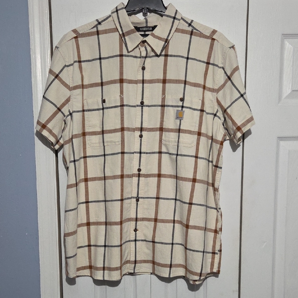 Carhartt Rugged Flex Relaxed Fit Men's Cream and Brown Plaid Button Down Shirt